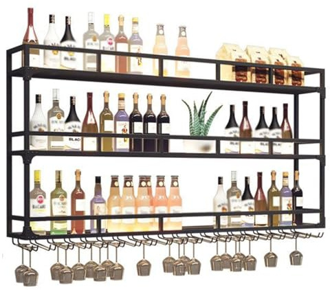 Väggmonterad vinhylla med LED-glashållare, 3-vånings spritflaskor Hyllor Display Förvaringsorganisator, Hängande långa stålplåtsbägare Metall för hem Minibarkällare,Black-120x90cm