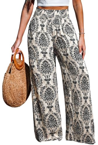 CUPSHE Palazzo Pantalon de plage taille haute élastique en coton et lin pour femme