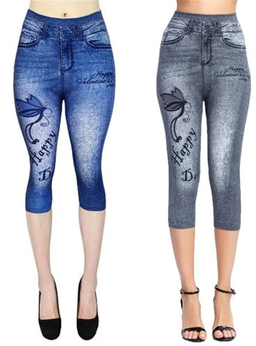 Gellmall Pack de 3 leggings para mujer con aspecto vaquero 3/4, cintura alta, elásticos, 3/4, ajustados, tallas XS-XL, Azul + Gris, XL