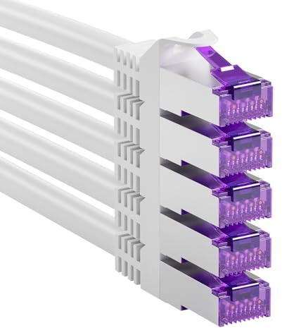 FGB 10 Gbps Patchkabel 0,5m x 5, RJ45 Netzwerkkabel CAT 7, (SFTP PIMF Schirmung) Kupfer Ethernet Kabel 50cm, DSL LAN Kabel Kurz CAT7 CAT6 CAT5, Weiß