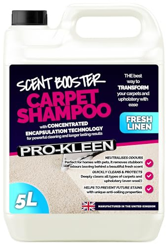 Pro-Kleen Carpet Cleaner Shampoo Solution 5L Detergent For Machines, Scent Booster Encapsulation Technology Motion Activation - Neutralises Odours, Deeply Cleans Fresh Linen Fragrance