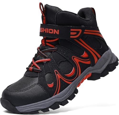 ASHION Enfant Chaussures Randonnée Bottes Hiver Garçon Fille Chaude Bottes de Neige,Noir Rouge,38 EU