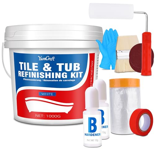 YumCraft White Tile Paint, 1000g Tub and Tile Refinishing Kit with Tools and Hardener - Bath Paint Enamel for Bathroom, Countertop, Wash Basin, Kitchen, Porcelain, Floor, Easy to Use, 55-60sq.ft