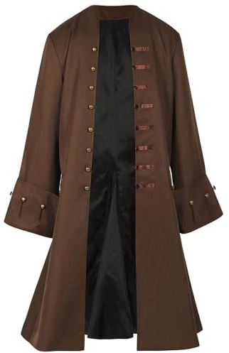 Men Pirate Coat Jacket Costume Medieval Steampunk Vintage Frock Tailcoat Halloween Pirate Cosplay, Brown, 3XL