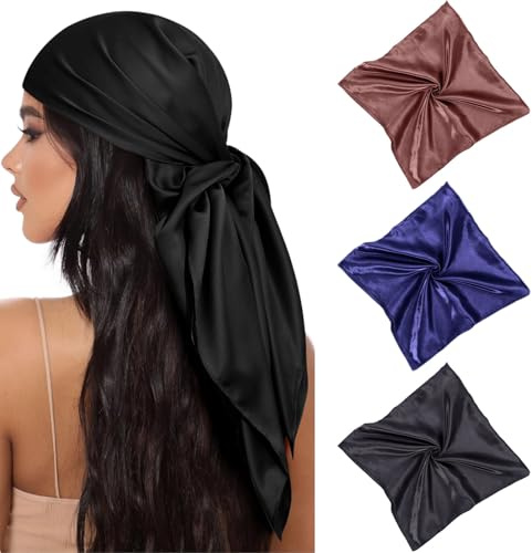 InfiniZer 3 Pack Square Silk Scarf for Women, Satin Head Scarf Bandana Hair Wraps Neck Scarves Solid Colors 35Inch
