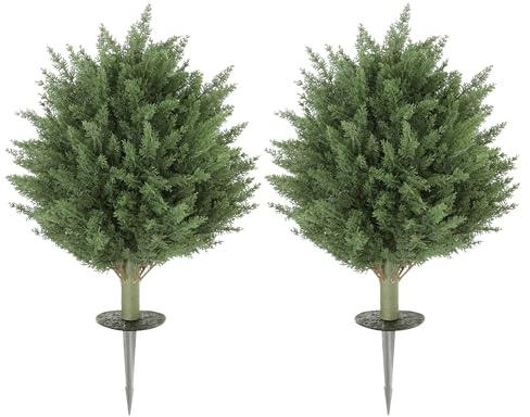 HOMCOM Juego 2 cipreses Artificiales topiarios 60 cm Resistente UV, Verde | Planta artificial, estaca de tierra, planta falsa para interior, exterior, porche, decoración del hogar