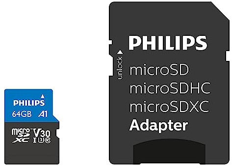 Philips Ultra Pro microSDXC-kort 64 GB + SD-adapter UHS-I U3, läshastighet upp till 100 MB/s, A1 Fast App Performance, V30, minneskort för smartphones, surfplattor, PC, kortläsare, 4K UHD-video