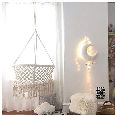 YOGANHJAT Hanging Crib in Macrame Hanging Hammock Baby Cribs for Infant to Toddler Cotton Rope Weaved Nursery Decor Girl Birthday Gift White 35.4 * 29.5 * 55.1in