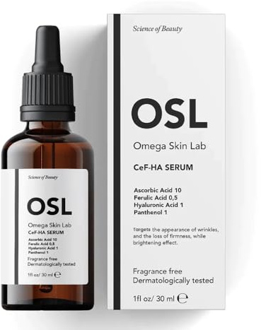 OSL Omega Skin Lab OSL CeF-HA Serum 30 ml – mit Hyaluronsäure angereichertes Gesichtsserum mit Vitamin C, Anti-Aging, aufhellende, feuchtigkeitsspendende Formel mit Panthenol und Ferulasäure