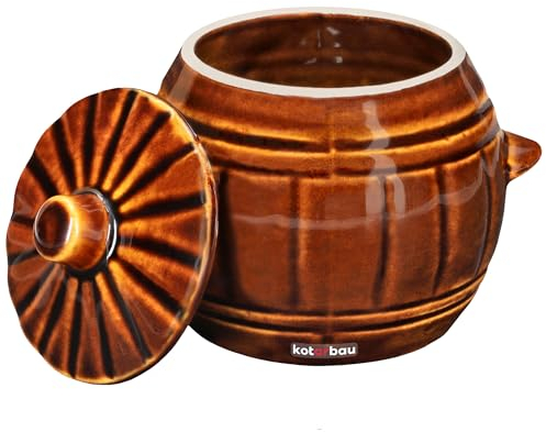 KOTARBAU® Recipiente de fermentación de gres con tapa, 1 L, Marrón, Bote de barro, Olla de cerámica con asas, Tarro para fermentar chucrut, kimchee, Recipiente para conservar alimentos