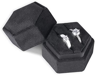 AIEX Velvet Ring Box for Jewelry, Double Slots Hexagon Ring Case Box for Proposal Engagement Wedding Ceremony Valentine’s Day Holding 2 Rings (Black)