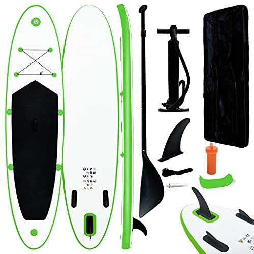 vidaXL Inflatable Stand Up Paddle Board Set, SUP for Adults, Surfboard with Carrying Bag, Paddle Board for Surfing Boating, Green and White