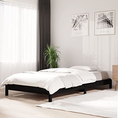 RONGQI Stapelbett, Bett, Familienbett, Bettgestell, Bed Frame, Bettrahmen, Schwarz 80x200 cm Massivholz Kiefer
