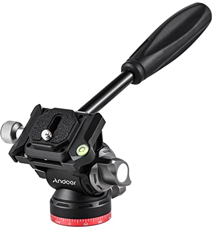 Fluid Head, Andoer Video Fluid Head Pan Tilt Tripod Head, Panorama Ballhead Tripod Mount with 1/4 Screw with Handle Quick Release Plate, 10kg/22lbs Load Capacity