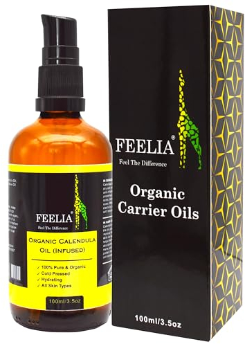 Feelia - Organic Calendula Oil - Infused, Cold Pressed, Rich in Antioxidants, Vitamin E, Great for Skincare & Haircare, 100% Pure & Organic (100ml)