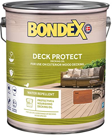 Bondex Deck Protect - Protective Decking Oil - Teak –Suitable for Exerior Wood - Water Repellant & Mould Resistant - Matt Finish – 5L