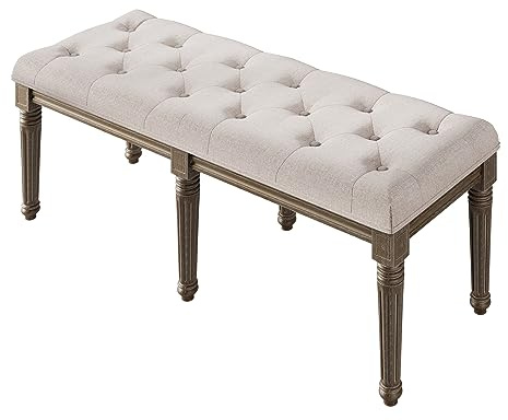 HAUSPROFI Banco vintage, banco de entrada, banco de comedor con asiento acolchado y patas de madera de caucho, banco de cama para dormitorio, salón, pasillo, más (beis, 122 x 43 x 47 cm)