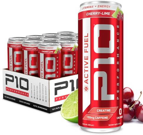 P10 Performance Active Fuel Fitness Recovery Energy Drink, Restore Electrolytes, B Vitamins for Mood, Mental Clarity, Hydration Recovery, Zero Sugar & Zero Calories Drink, 150mg Caffeine, 12 Pack of 12 Fl Oz Cans, Cherry-Lime