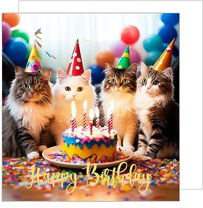 Edition Seidel Premium fyrkantigt födelsedagskort med kuvert. Gratulationskort grattis på födelsedagen billet kort man kvinna tonåring barn coola katter humor party tårta (GQ122 SW024)