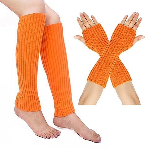 Beinstulpen und Lange Armstulpen Set Baumwolle Strick Beinwärmer Fingerlose Handschuhe Winter Arm Handwärmer Legwarmer Bein und Arm Stulpen für Yoga-Tanzen Turnhalle Ausübt Halten Warm