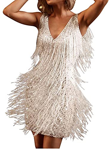 AnnSemo 1920's Great Gatsby Costume Women Sequin Fringe Flapper Dress V Neck Sleeveless Mini Dress Party Prom Cocktail Dance Sexy Sparkly Fancy Clubwear White