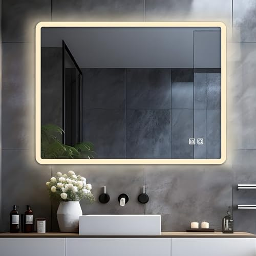 LISA LED-Badrumsspegel Med Belysning 70 x 50 cm, Stor Med Touch Dimbar Varmvit/Kallt Vitt Ljus, Anti-Dimma Väggspegel för Badrum, Toalett, Hall, Rundade Hörn