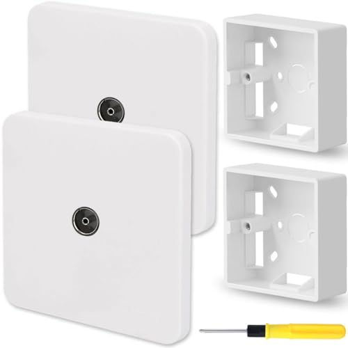 Acmerota 2Pcs Single TV/FM Aerial Socket White TV Coaxial Aerial Wall Socket Plate for TV or FM Coaxial Aerial Connection Home Office School with 2Pcs Single Surface Pattress Box