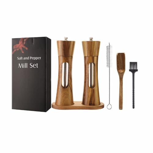 Salt and Pepper Grinder Set of 2, Wooden Refillable Manual Salt and Pepper Mills with Adjustable Ceramic Core& Acrylic Visible Window for Black Pepper Salt Spices