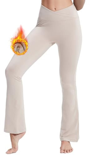 M MOTEEPI Bootcut Hosen Schlaghose Damen Fleece Yogahose Damen Winter Jogginghose High Waist Flared Leggings Crossover-Bund Yoga Pants Damen mit 2 Hinten Taschen Hohe Taille Yoga-Hosen Khaki S