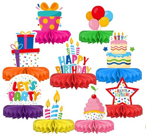 Calkkrer 9 Stück Bunte Happy Birthday Tischdeko, Waben Tischdekoration Party Deko, Geburtstag Tischaufsätze, Zuckerbienen Deko, Tisch Ornament für Geburtstag Party