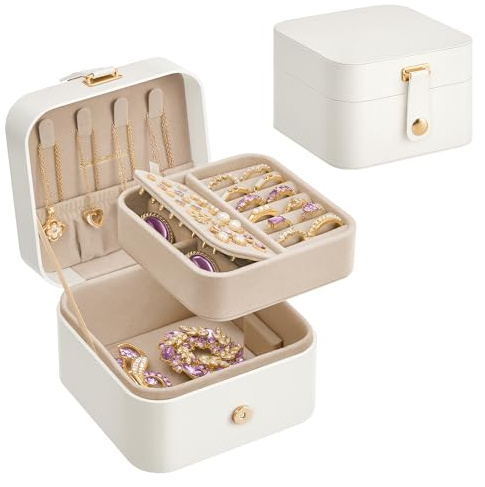 SONGMICS GISELLA Kollektion - Schmuckkästchen Reise, 2 Ebenen Schmuckaufbewahrung, tragbar, Schmuck-Reiseetui, für größere Accessoires, 11,2 x 11,8 x 7,2 cm, Geschenkidee, wolkenweiß JBC185W03