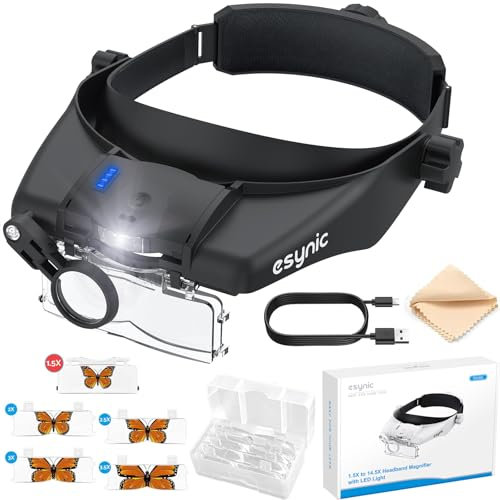 eSynic Gafas de Lupa Recargable con Luz Lupas de Gran Aumento 1.5X-13X con 5 Lentes Ajustable Gafas de Aumento Lupa con Control Táctil e Indicador de Batería para Manualidades,Leer,Coser,Joyería