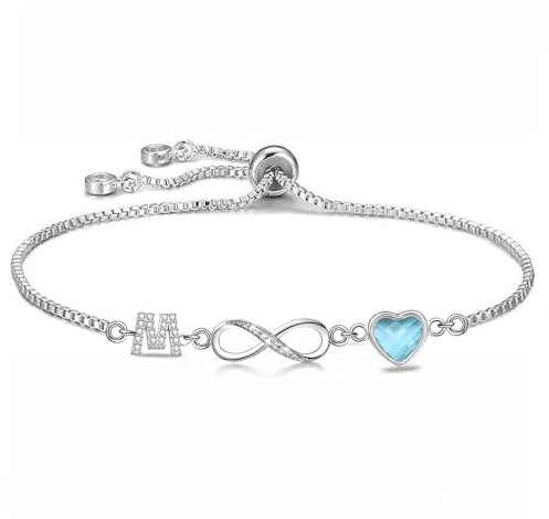 Kraven Bracelet Femme Argent 925 Infini Initiales, Bracelet d'amour Femme Réglable Lettres A-Z, Bijoux Femme Cadeaux Noël Femme Anniversaire Fête des Mères Cadeau Maman (M)