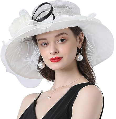 TINAYAUE Cappello da Donna in Organza Elegante Cappello Estivo da Sole Bellissimo Cappello da Sposa con Tesa Larga Cappello da Pescatore Pieghevole da Spiaggia con Fiori Cappello Traspirante in Mesh