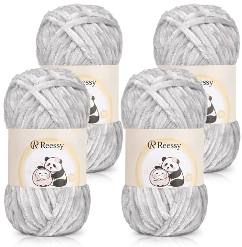 Reessy Chenille Yarn 400g(4×100g), Super Soft Chunky Wool for Knitting-Grey | Thick Velvet Chenille Wool for Knitting 100g balls, Chunky Crochet Yarn for Crochet Blanket, Amigurumi, Handbag, DIY Crafts