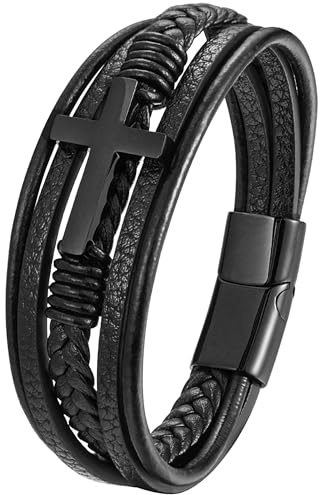 JUZICHEN Läderarmband för män, läderarmband med kors, svart brunt armband och rostfritt stål för män, 21 cm armband herrarmband smycken present man far farfar farfar, Medium, Rostfritt stål, Rostfritt