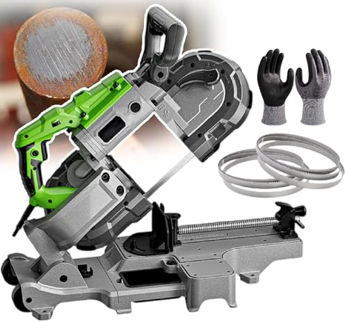 Sega a nastro portatile per il taglio di metalli con angolo regolabile e luce LED, include lame e guanti per rame, alluminio, acciaio e materiali per pavimenti