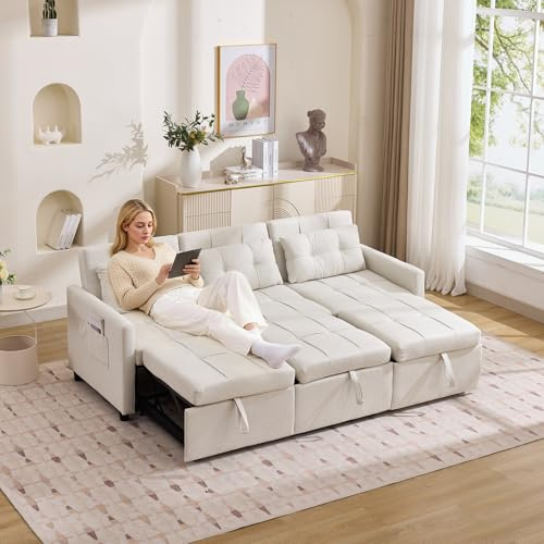 YEHTOKHOME Divano convertibile, divano letto a 3 posti con schienale regolabile 180°, divano angolare convertibile con 7 forme, tasche laterali, 3 cuscini, ruote, per soggiorno (Beige)