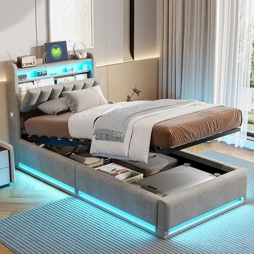 HOOGDLJ Letto imbottito 90 x 200 cm, letto idraulico con cassetta, letto per ragazzi con LED e USB, letto singolo con spazio di archiviazione, letto a molle, letto con rete a doghe e testiera (grigio