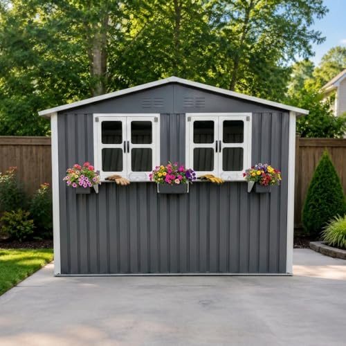 Casa de jardín de acero galvanizado, 4,33 m², 276 x 182 x 198 cm, cobertizo para herramientas con 2 ventanas, puertas dobles con cerradura y estante de flores, cobertizo para herramientas resistentes
