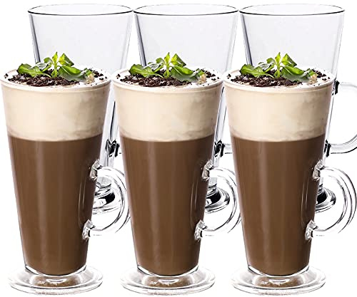 WUWEOT 6 Pack Tall Irish Coffee Mugs, 9 OZ Clear Milkshake Glass Latte Cups, Colombian Glass Cappuccino and Hot Chocolate Mugs with Handle for Tea, Water, Juice, Beer, Milk Hot And Cold Drinks