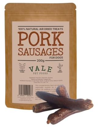 Vale Pet Foods Premium Air Dried Pork Dog Sausages | 200g | Natural High Protein Dog Treats, Grain Free Training Snacks for Dogs & Puppies | Gently Dried, No Artificial Additives