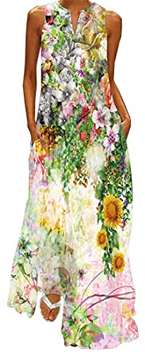 WINKEEY Vestito Lungo da Donna Stampa Floreale Farfalla Bohémien Etnico Vestito Taglia Maniche con Tasca Grossa Senza, Pittura M