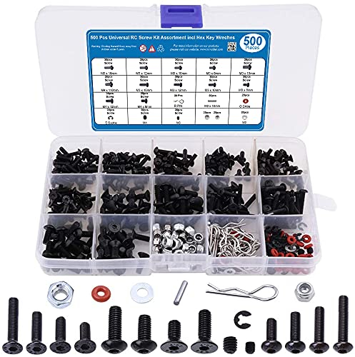 MMOBIEL 500 Piezas Surtido y Kit de Tornillos Universal para RC Conjunto para Modelos RC a Escalas 1/8 1/10 1/12 1/16 de automóviles, M3 M4 Tornillos de Cabeza Allen Hex con Tuerca, Carcasa y Hebilla