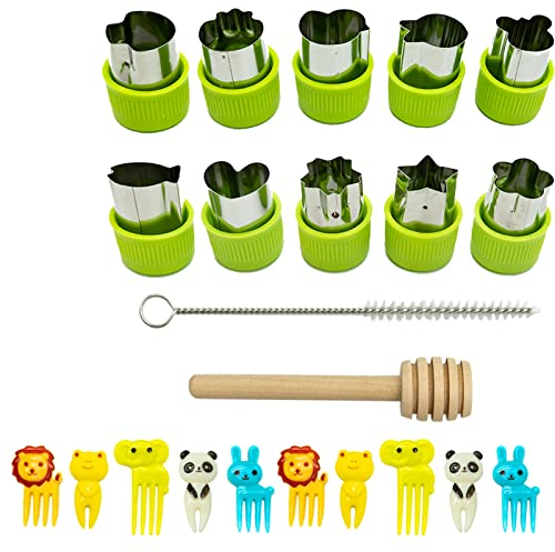 Vegetable Cutter Set for Kids, 12 Pcs Stainless Steel Fruit Shape Cutters for Sandwiches, Cookie Molds with 10 Fruit Animal Picks, Brush and Wood Stick