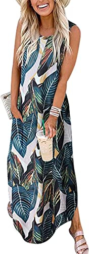 Cuptacc Kleider Damen Sommer Rundhals Ausschnitt Kirche Abendkleid Urlaub Kleid mit Taschen Tropisches Blatt,Klein S34-36