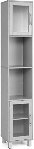 COSTWAY Bathroom Tall Cabinet, Freestanding Slim Storage Cupboard with Tempered Glass Doors, 2 Open Shelves and Adjustable Shelf, Wooden High Floor Cabinet for Living Room Kitchen Hallway (Grey)