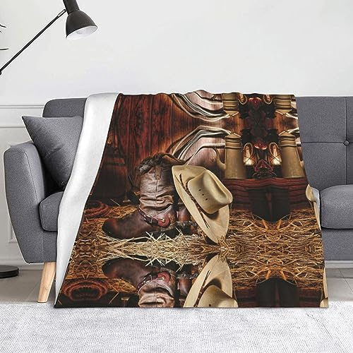 HAHAFU Cowboy-Decke mit schwarzem Hut, Westernstiefel, Überwurf, Picknickdecke, bedruckt, warm, saugfähig, Decke für Bett, Couch