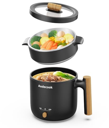 Audecook - Pentola calda elettrica con vapore, mini cucina portatile da viaggio da 1,8 l, padella elettrica antiaderente multifunzionale per friggere/stufato/vapore, perfetta per tagliatelle ramen,