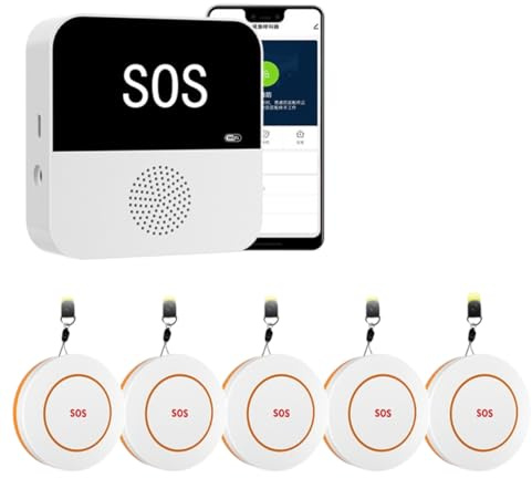 Bouton D'appel d'urgence WiFi pour Seniors, 2.4GHz WiFi Bracelet Alarme Personne Agee avec 5 Bouton D'appel d'urgence SOS et 1 Récepteur ﻿